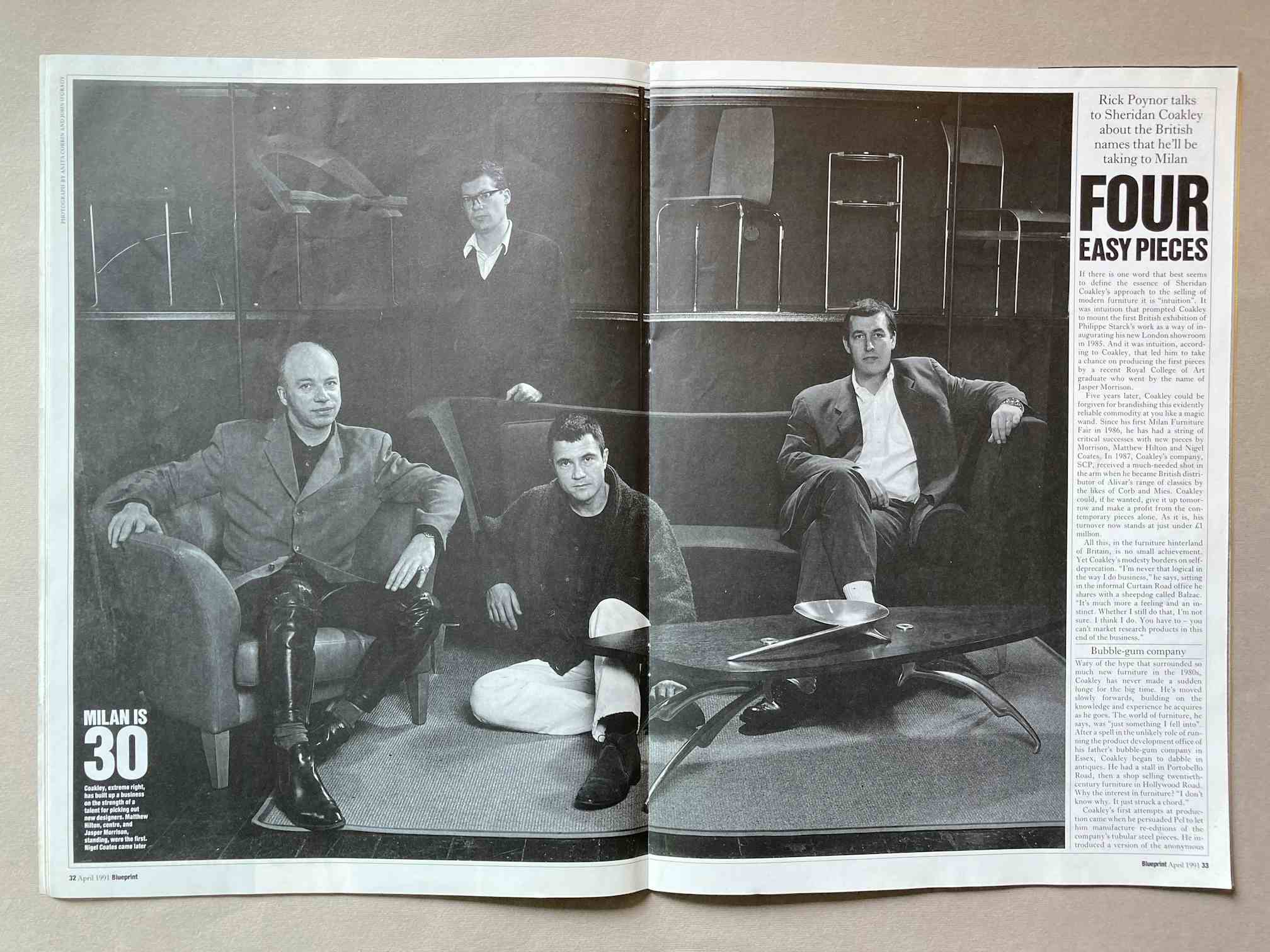 Four Easy Pieces article in Blueprint Magazine April 1991. Featuring a portrait at SCP Curtain Road of Nigel Coates, Jasper Morrison, Matthew Hilton and Sheridan Coakley.