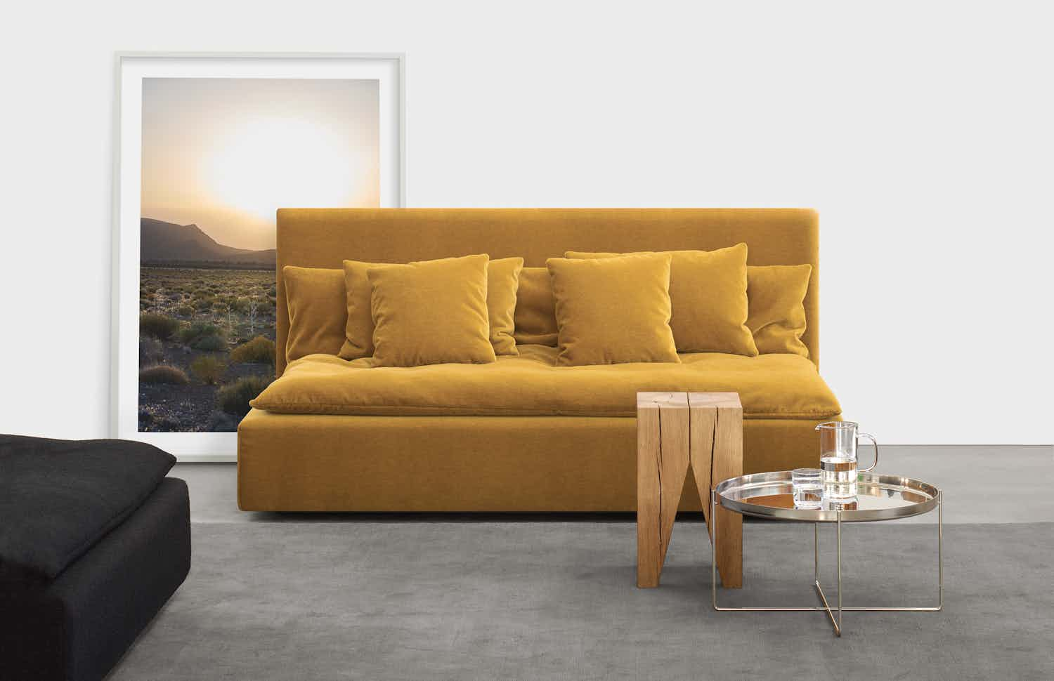 E15 furniture backenzahn side table yellow couch haute living