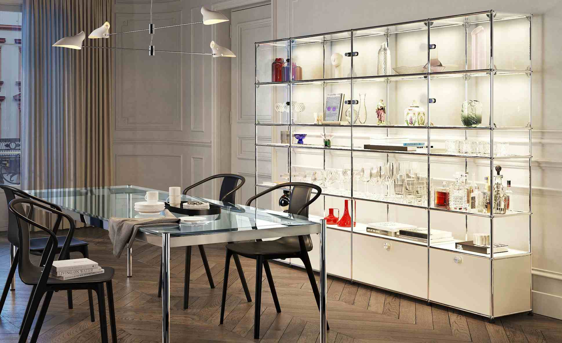 Customized Haller Shelving with Glass Table