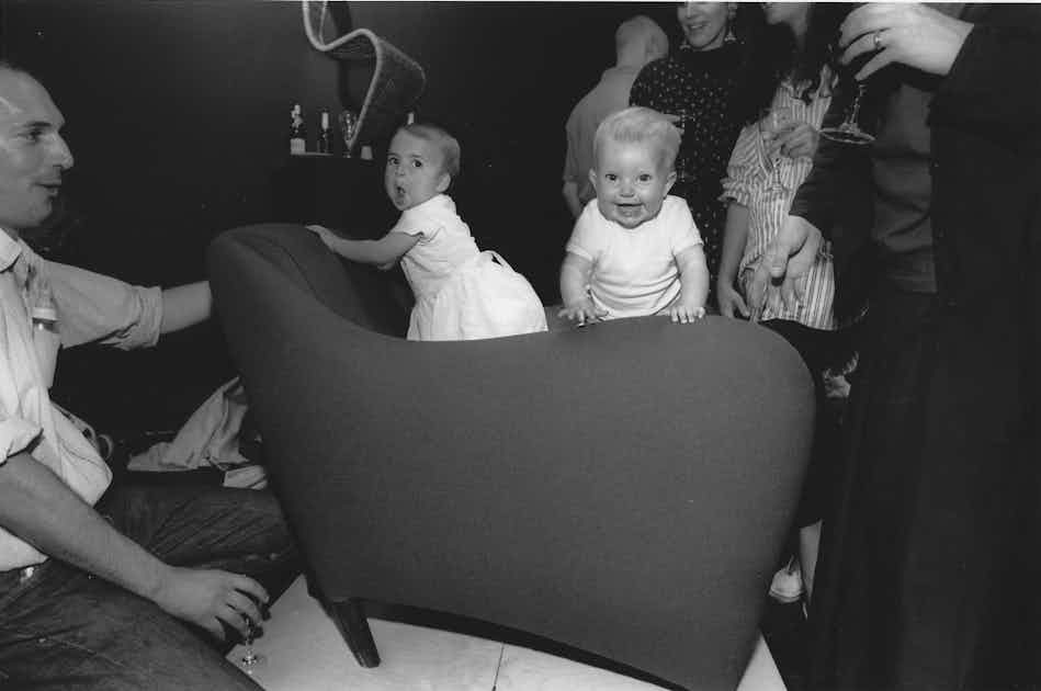 1991 Balzac image An early version of the Balzac armchair on show at SCP Curtain Road in 1991 Featuring Sheridans daughter and a friend